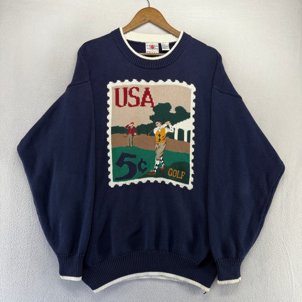 Vintage Golf Sweater Men's XL Blue Stamp Cotton Traders Knit Graphic 90s preppy